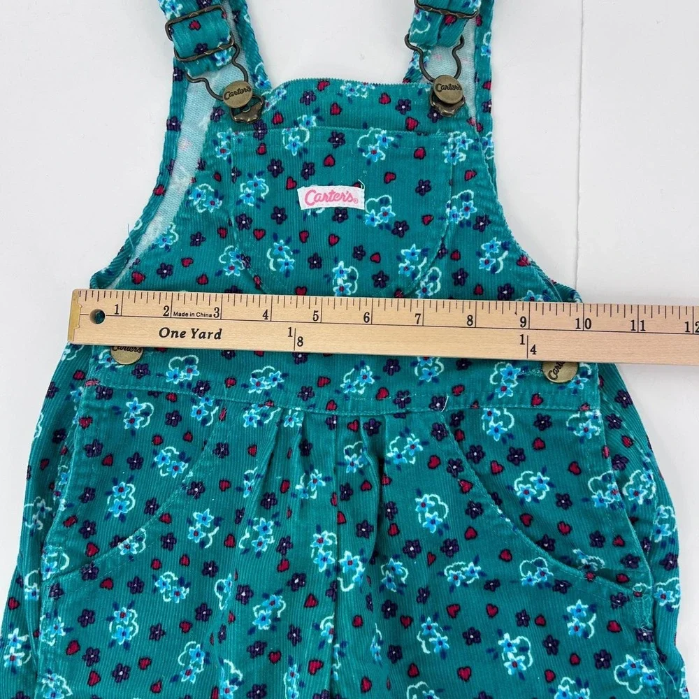 Vintage 90s Carters Toddler Girls Teal‎ Floral Corduroy Overalls Heart Print 24M